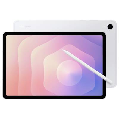Tablette Samsung présentée de face et de dos avec un écran rose-violet pastel et un stylet blanc reposant en diagonale sur l'affichage.