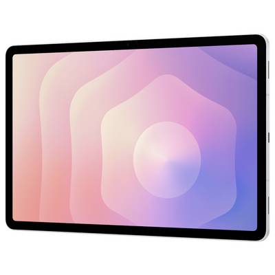 Appareil tablette affiché en orientation paysage avec un écran abstrait coloré rose, violet et bleu sur une lunette noire.