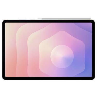 Tablette avec un fond d'écran abstrait dégradé rose pastel vers bleu composé de formes arrondies en couches et d'une lueur circulaire, présentée en orientation paysage.