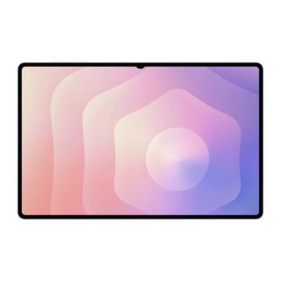 Vue de face d'une tablette avec un fond d'écran dégradé abstrait rose, violet et bleu sur un fond blanc.