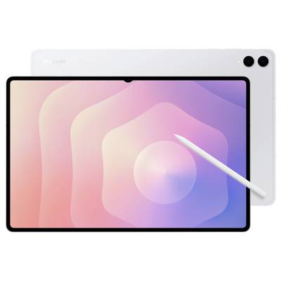 Tablette en orientation paysage avec un fond d'écran abstrait rose-violet et un stylet survolant l'écran ; la vue arrière affiche des caméras doubles.