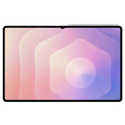 Une tablette avec un fond d'écran abstrait pastel composé de formes superposées roses, pêche et bleues avec un cercle au centre.