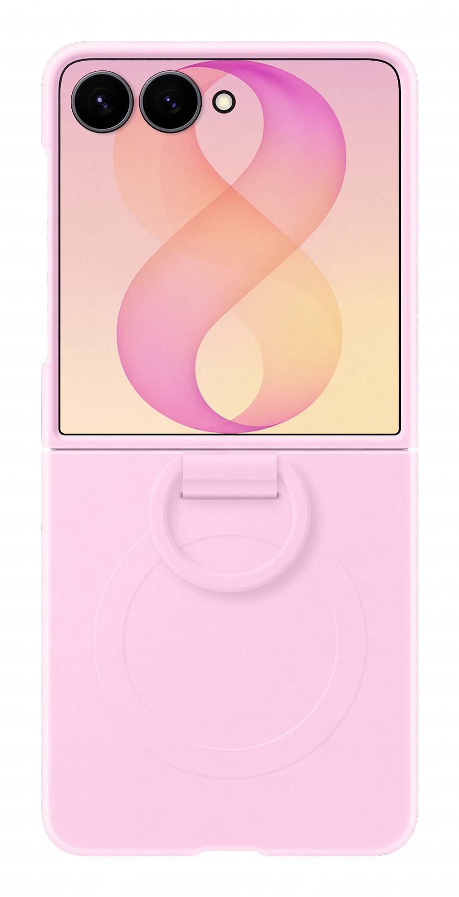 Smartphone pliable rose affichant une vue ouverte, avec deux caméras arrière et une grande poignée circulaire sur la moitié inférieure.