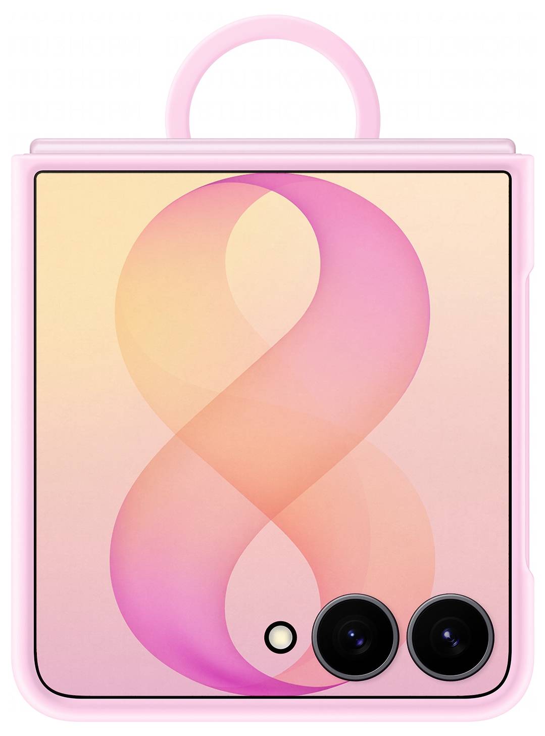 Un smartphone pliable rose présenté fermé, avec un panneau arrière à dégradé doux, un grand motif abstrait en forme de 8, et des caméras arrière doubles en bas à droite.
