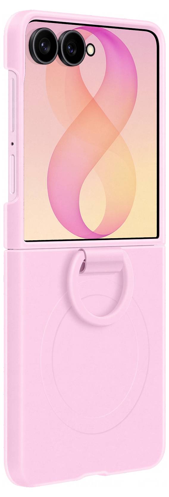 Smartphone pliable rose présenté ouvert, avec des caméras arrière double et un grand écran intérieur affichant un fond d'écran dégradé rose-orange doux.
