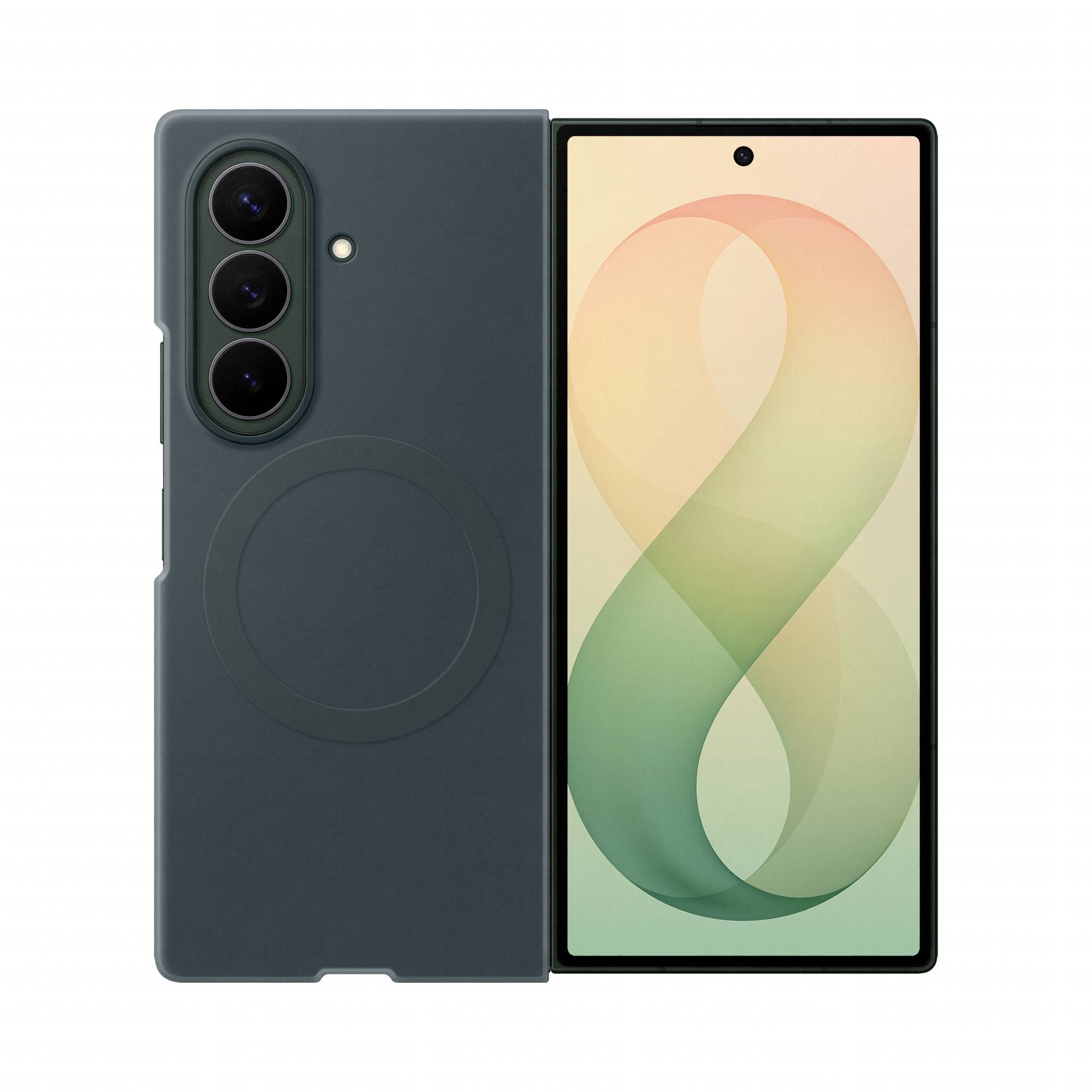 Un smartphone pliable montré ouvert, avec un boîtier arrière triple objectif vert foncé sur la gauche et un grand écran frontal sur la droite affichant un fond d'écran abstrait coloré en forme de « 8 ».