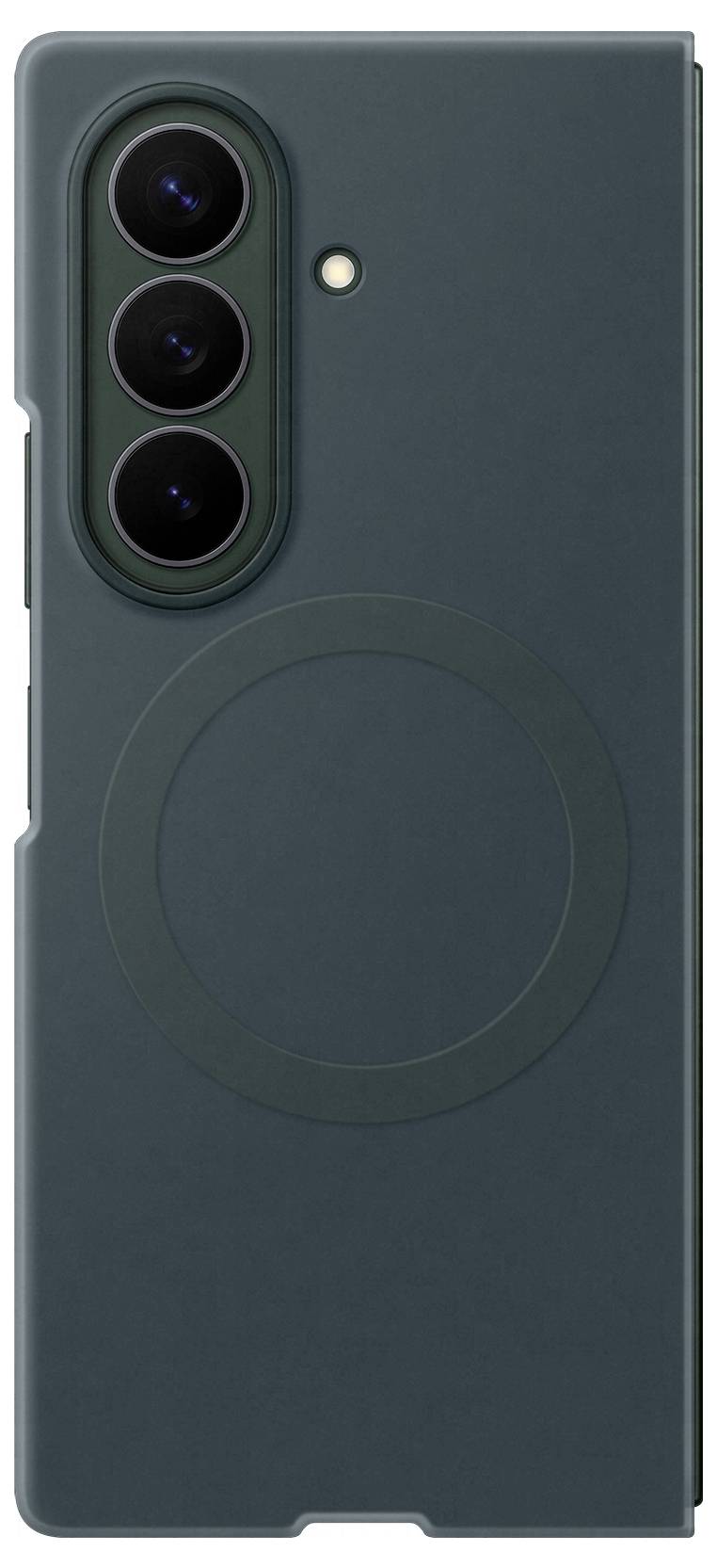 Vue arrière d'une coque de smartphone vert foncé avec trois découpes pour appareil photo arrière, ouverture pour le flash et un anneau de style MagSafe faiblement visible.
