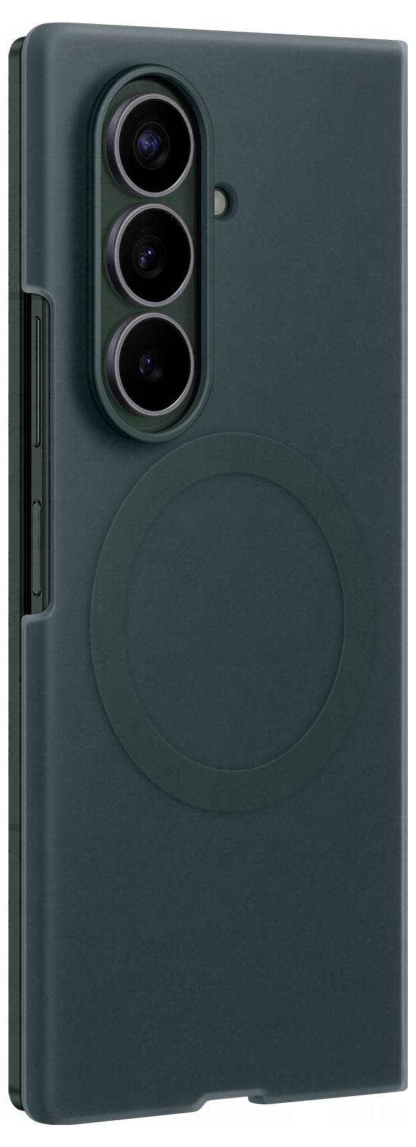 Vue arrière du smartphone vert foncé avec trois lentilles de caméra verticales et un grand anneau de style MagSafe circulaire au centre.