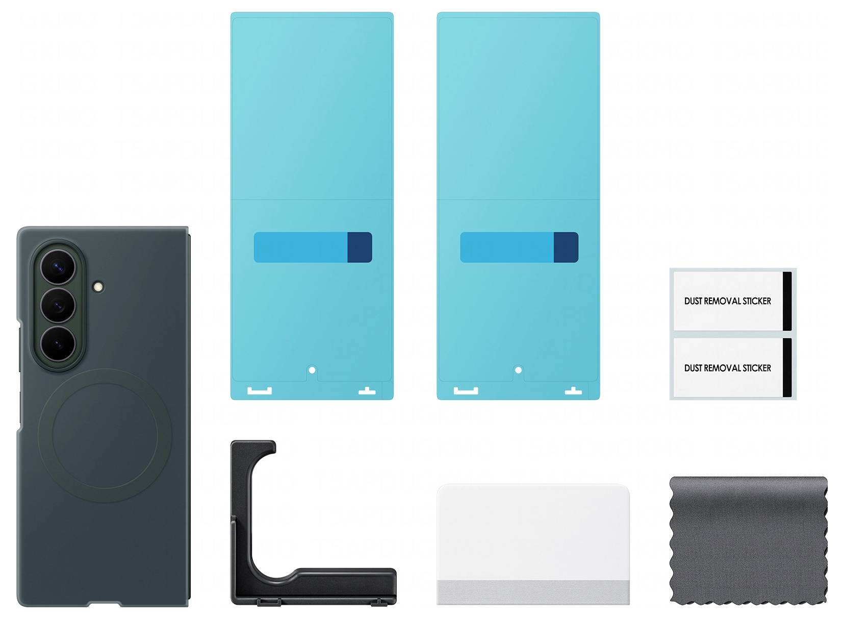 Kit de housse pour smartphone avec housse téléphone noire, deux films d'installation bleus, autocollants anti-poussière, outil de coin, carte blanche et chiffon de nettoyage.