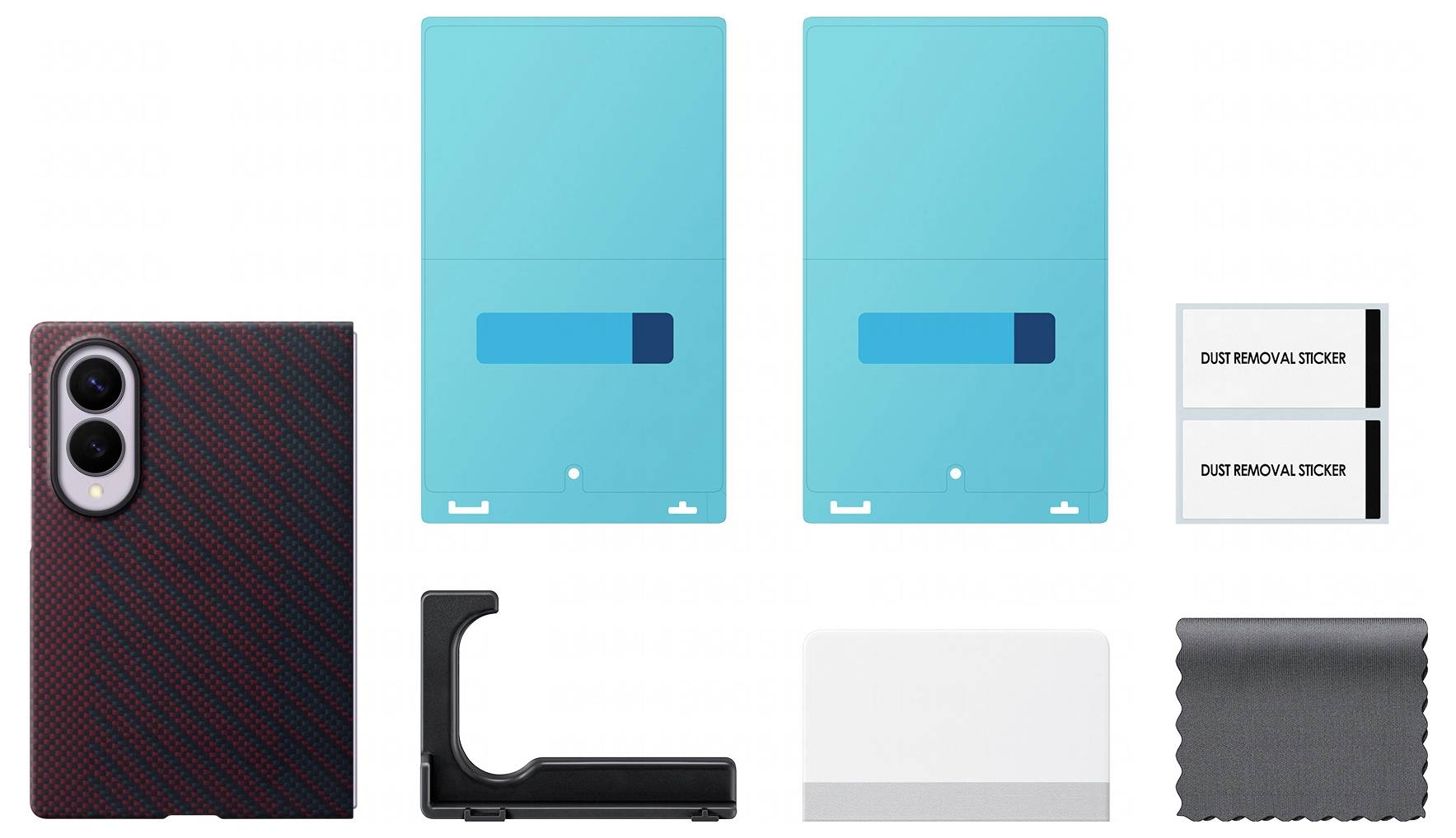Kit d'accessoires pour étui de téléphone : étui à motifs, deux films de protection bleus, autocollants anti-poussière, outil de clip et chiffon de nettoyage sur fond blanc.