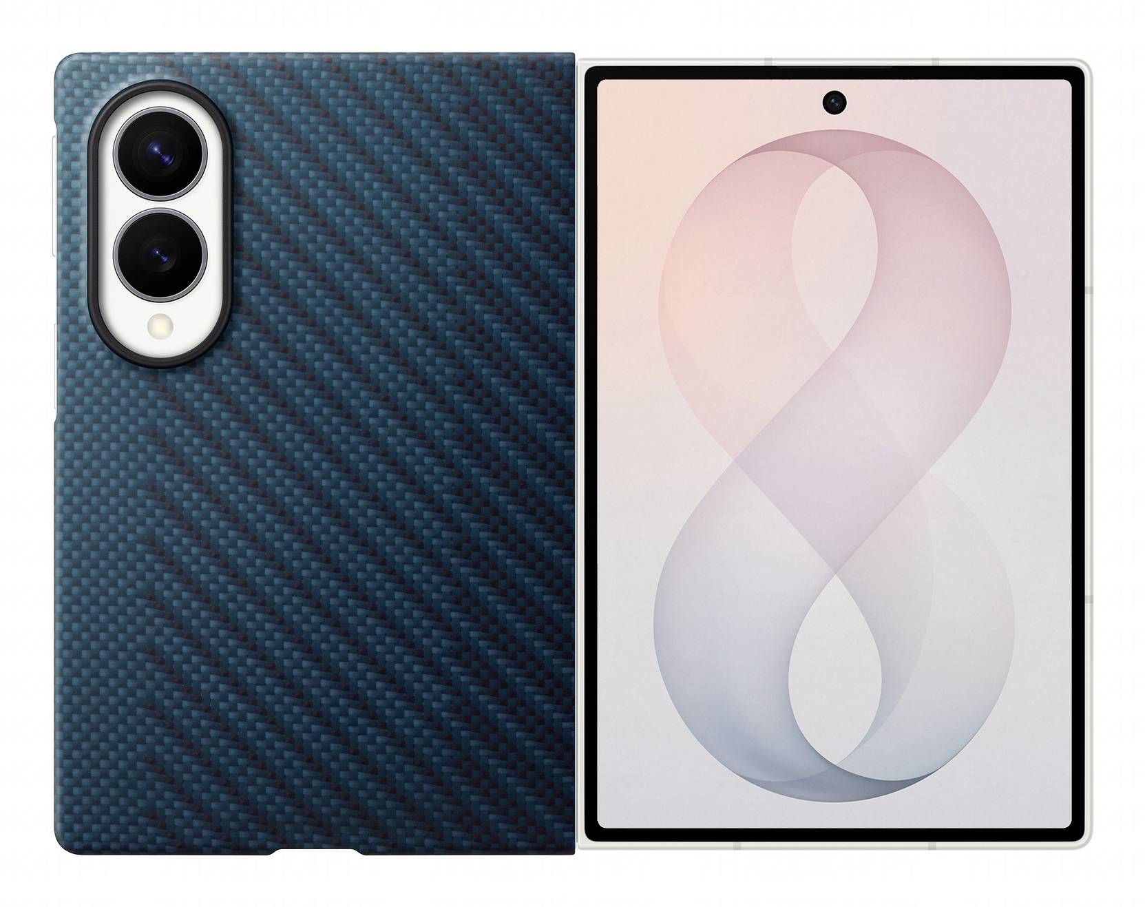 Tablette présentée de face et de dos avec un étui texturé bleu; l'écran avant affiche un grand « 8 » pastel sur un fond clair.