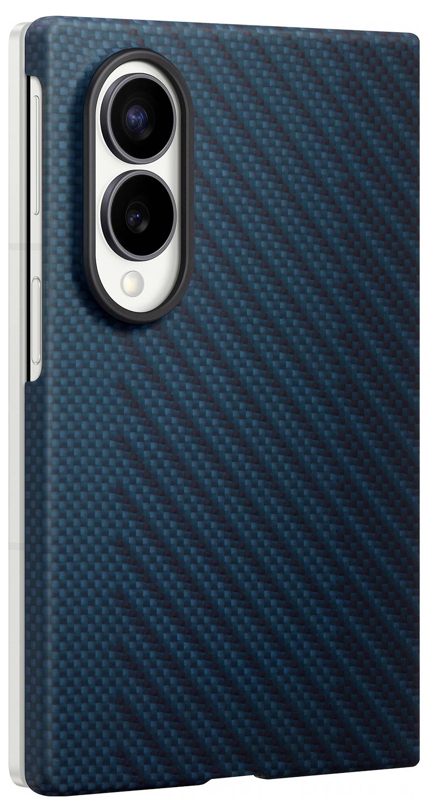 Vue arrière d'un smartphone dans un étui en fibre de carbone teale avec des caméras arrière doubles et un flash en haut à gauche.