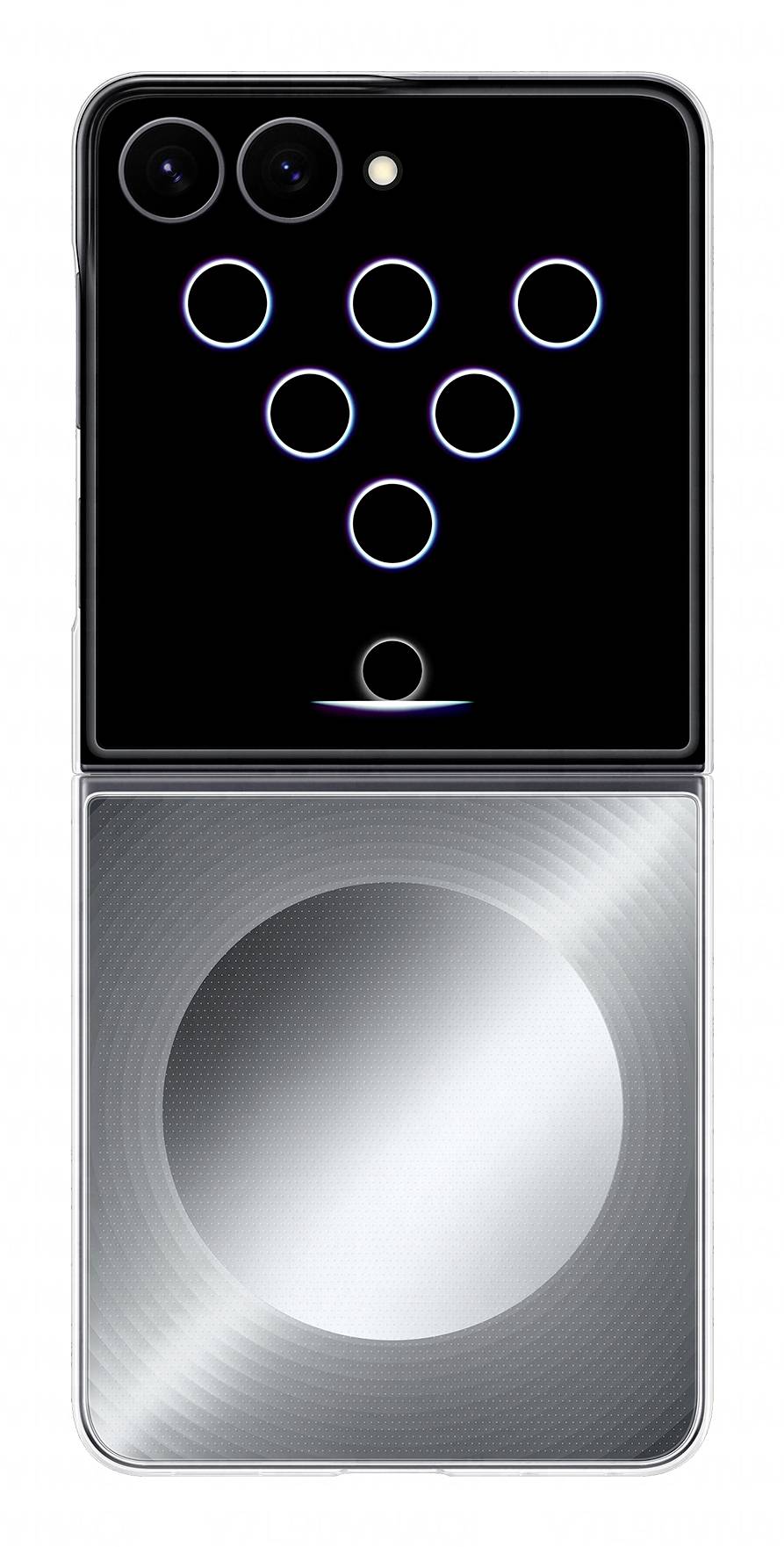 Gros plan d'un smartphone pliable montrant un dos noir avec des caméras doubles et des indicateurs tactiles circulaires au-dessus d'un panneau inférieur argenté avec un grand capteur d'empreinte digitale rond.