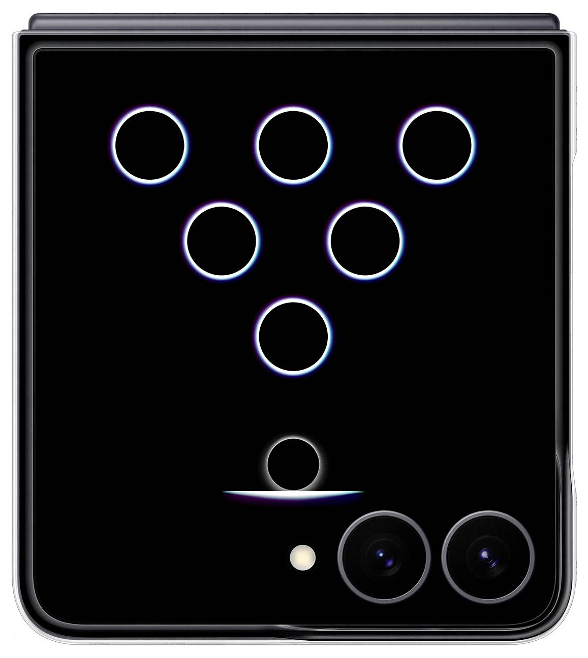 Dos de smartphone pliable avec trois caméras arrière : deux grands objectifs en bas à droite et un petit capteur/flash en dessous, présenté sur un boîtier noir brillant avec des voyants d'accent circulaires.
