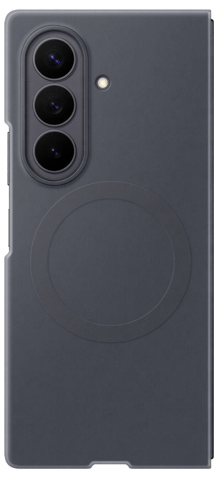 Étui pour smartphone gris foncé avec trois découpes pour caméra arrière, une ouverture pour le flash et un anneau de style MagSafe circulaire au dos.