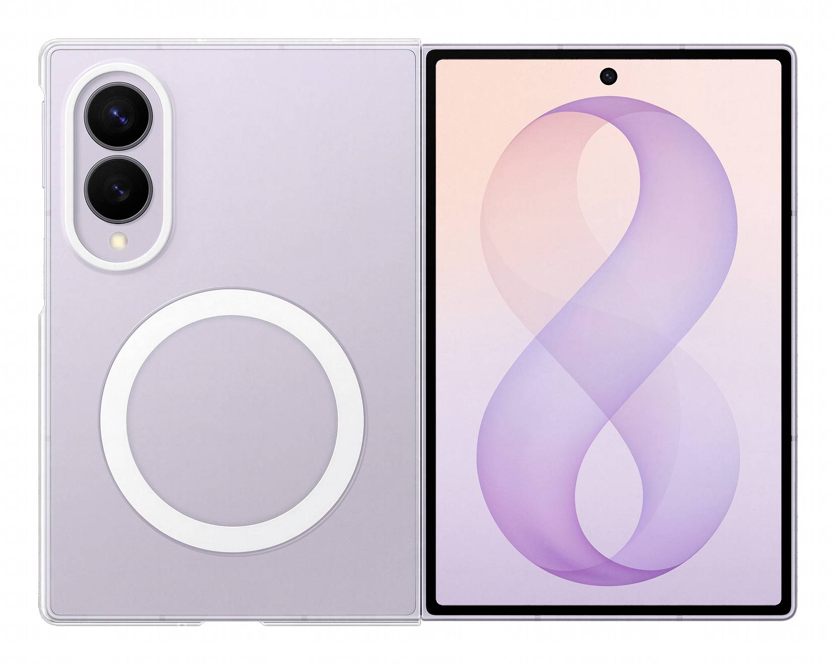 Vue de face et de dos d'un smartphone pliable lavande, montrant les doubles caméras arrière, l'anneau circulaire arrière et l'écran frontal avec un graphique en forme de ruban violet.