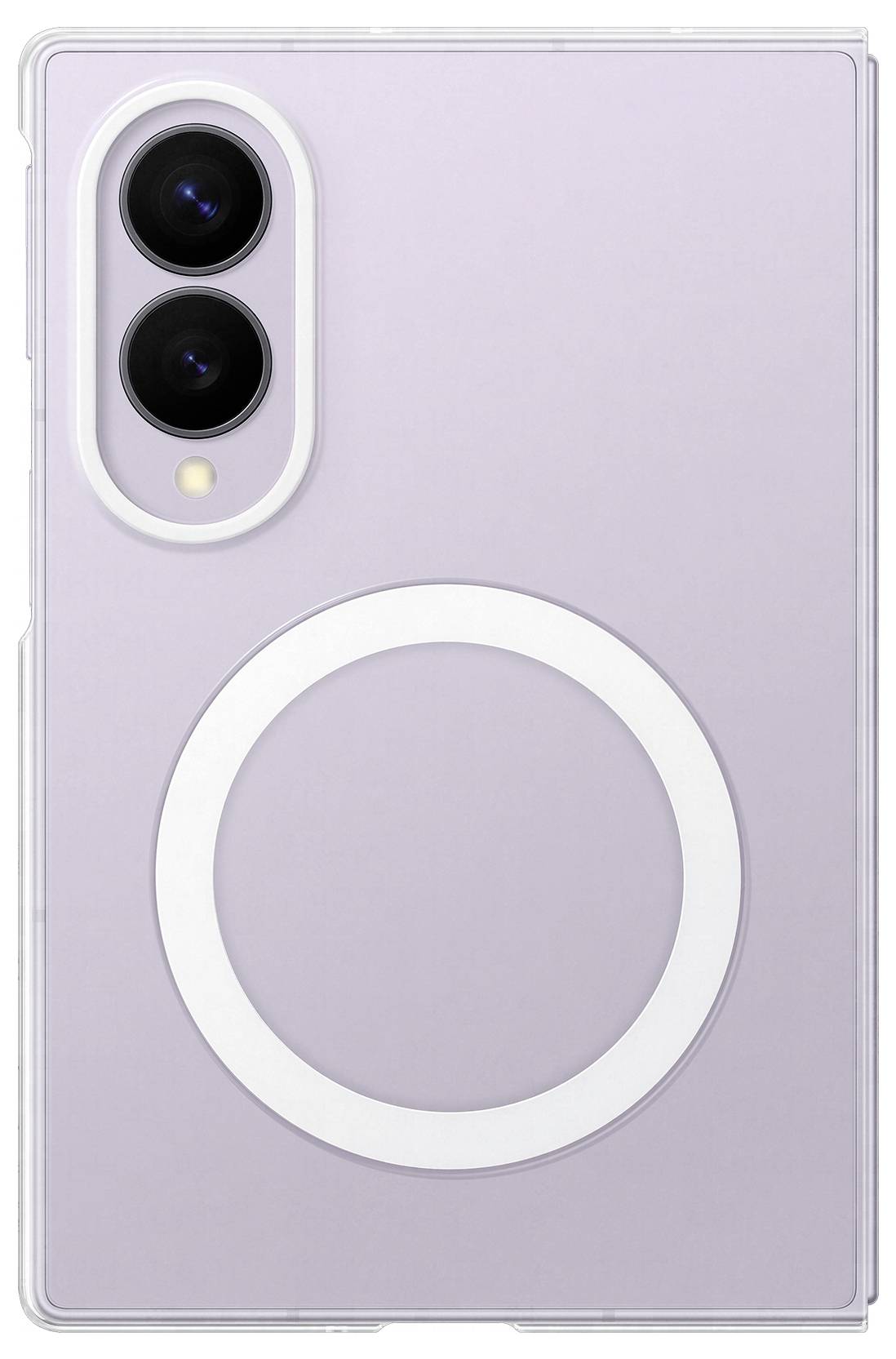 L'arrière d'un smartphone lavande avec des caméras arrière doubles dans un module vertical et un large anneau blanc centré, présenté dans une coque de protection transparente.
