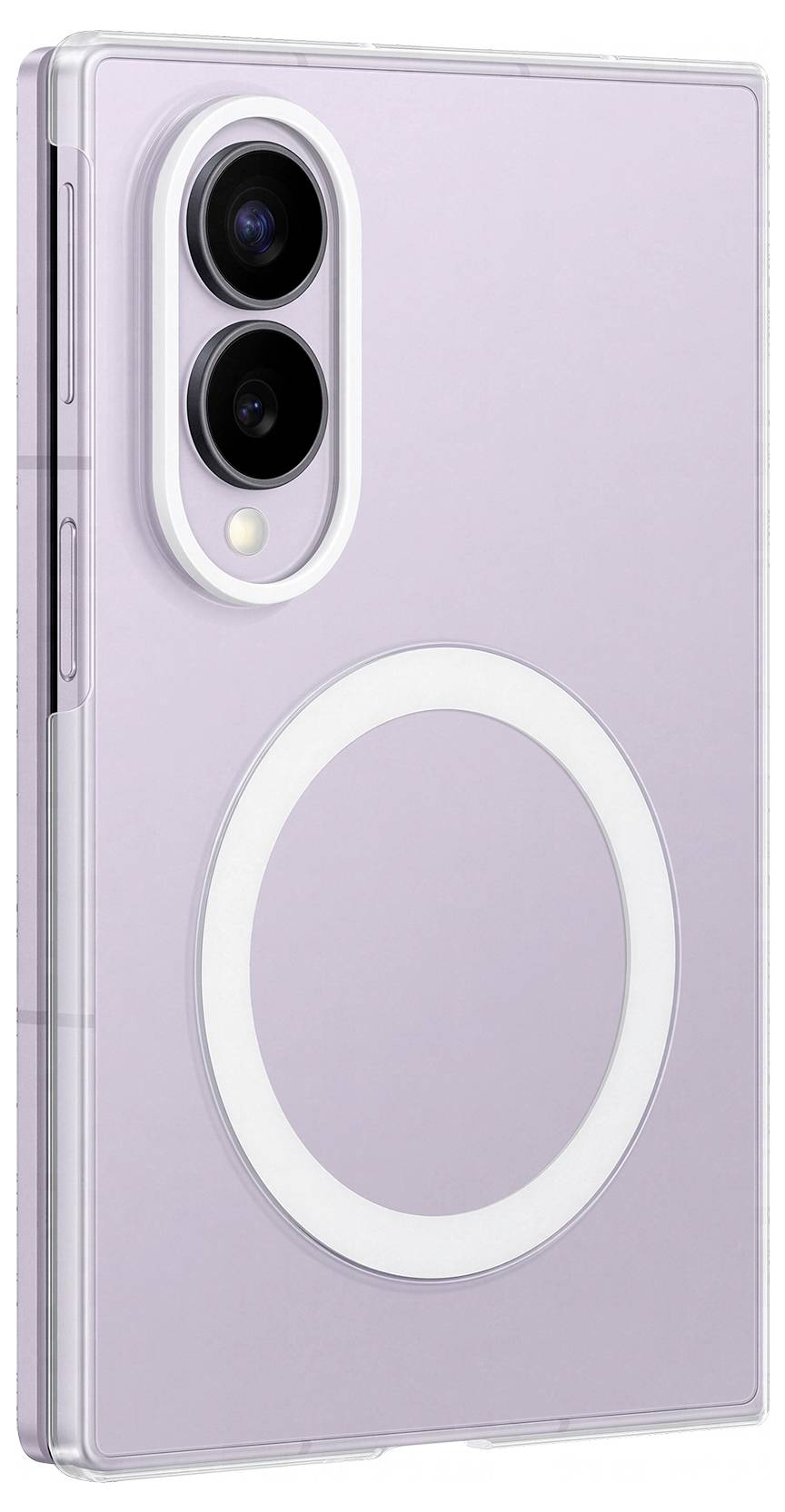 Téléphone intelligent pliable en violet pastel, montré partiellement ouvert par l'arrière avec des caméras doubles et un grand anneau de charge sans fil circulaire.