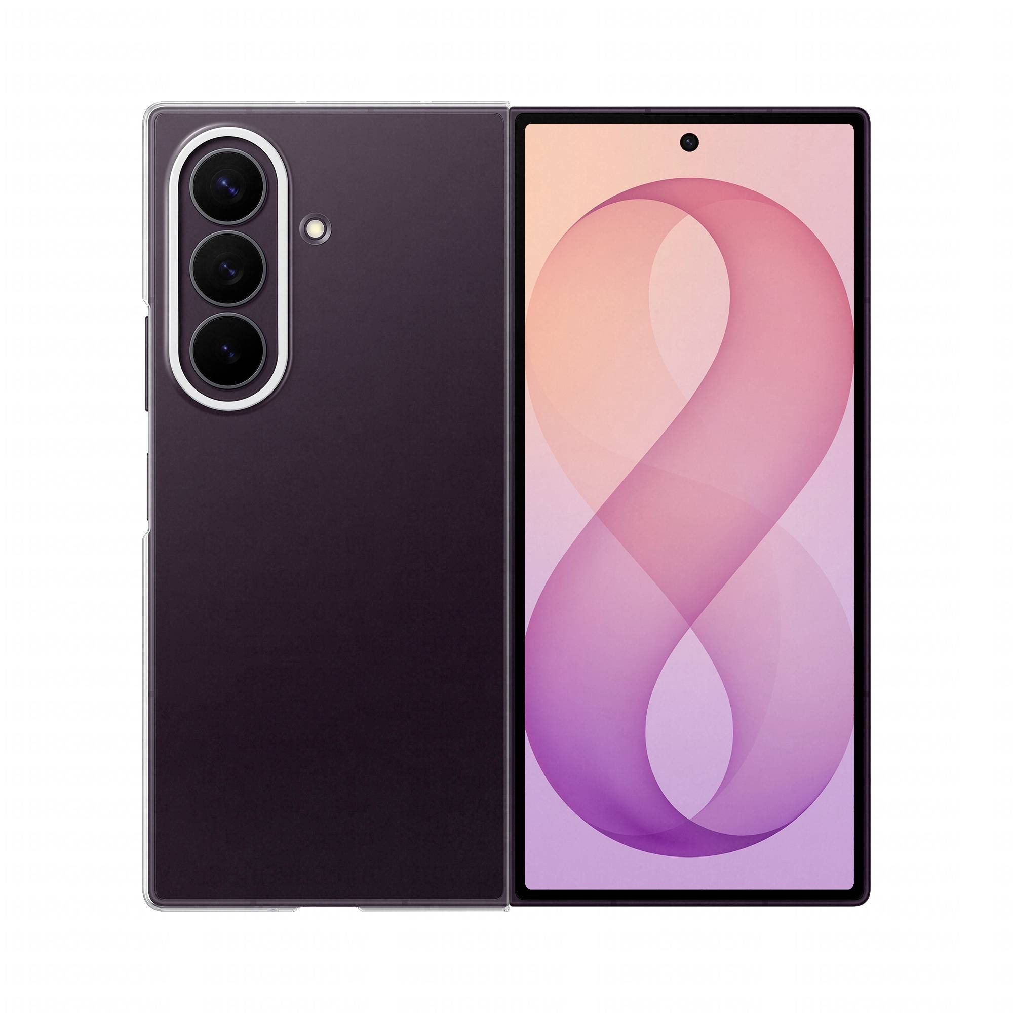 Vue de face et de dos d'un smartphone violet avec un triple appareil photo arrière et un fond d'écran abstrait rose sur l'écran.