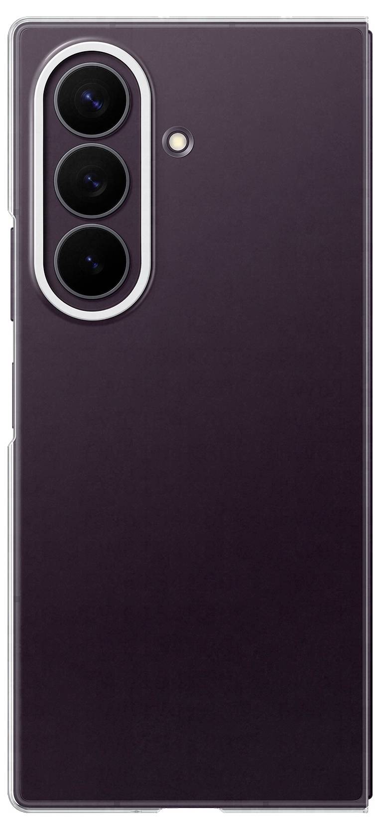 Arrière d'un smartphone violet avec trois caméras arrière alignées verticalement et un flash dans le coin supérieur gauche.