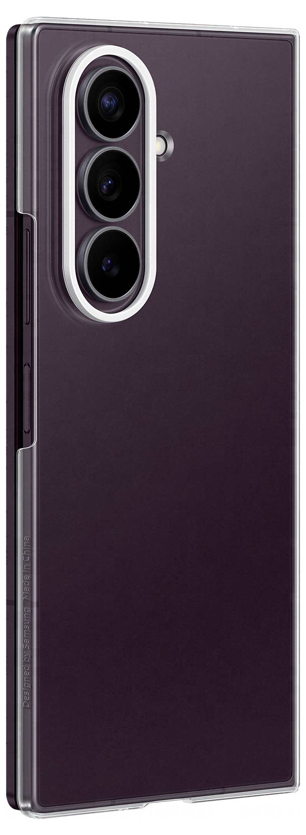 Smartphone violet pliable fermé montré partiellement ouvert, mettant en évidence la triple caméra arrière sur le dos.
