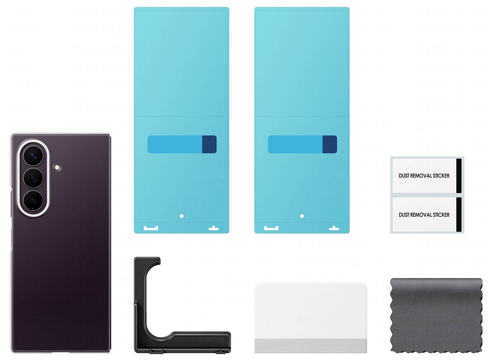 Kit de protection d'écran pour smartphone avec un téléphone, deux films bleus, des autocollants pour éliminer la poussière, un outil d'application, une carte et un chiffon de nettoyage.