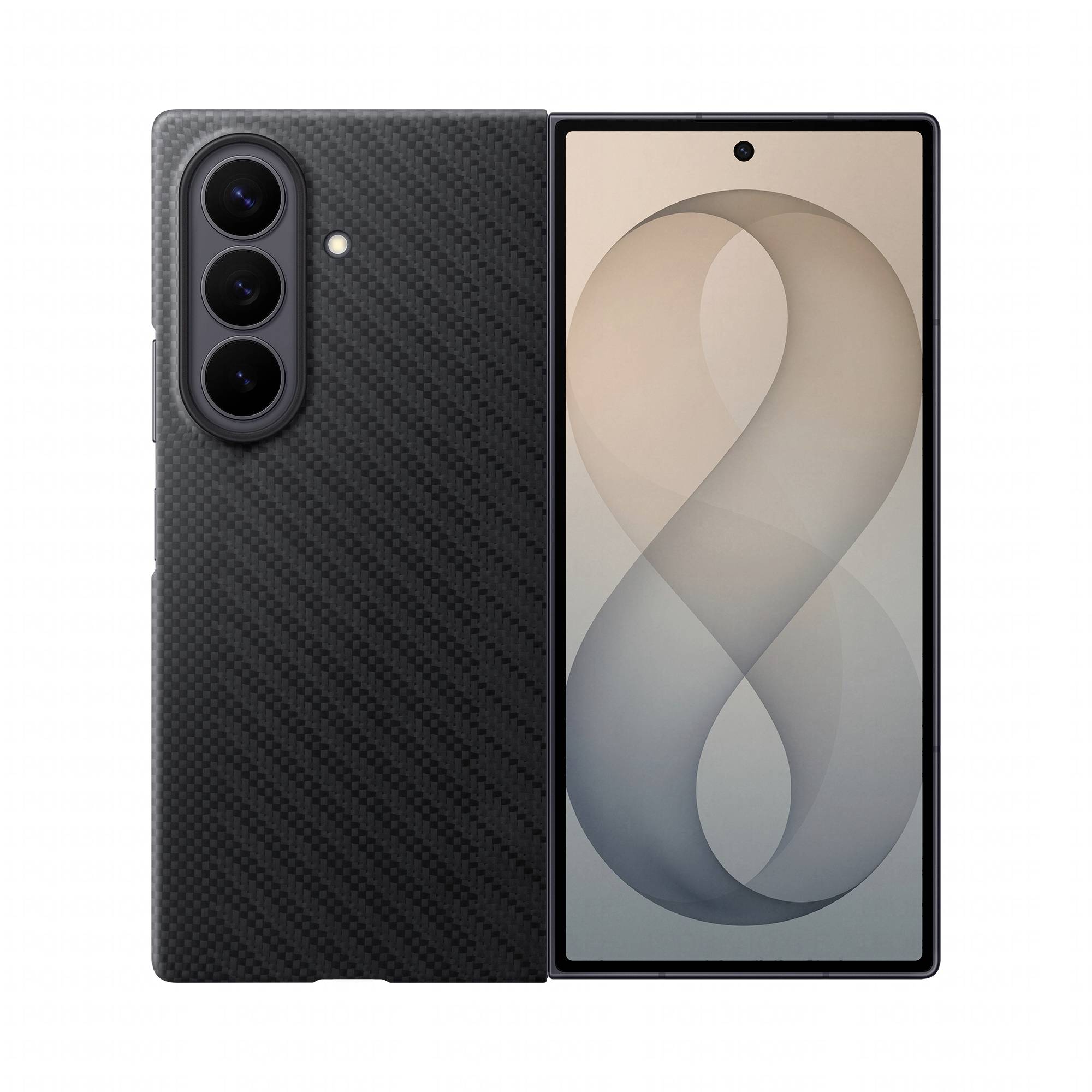 Vues de face et de dos d'un smartphone noir avec triple appareil photo arrière et un fond d'écran abstrait beige sur l'écran.