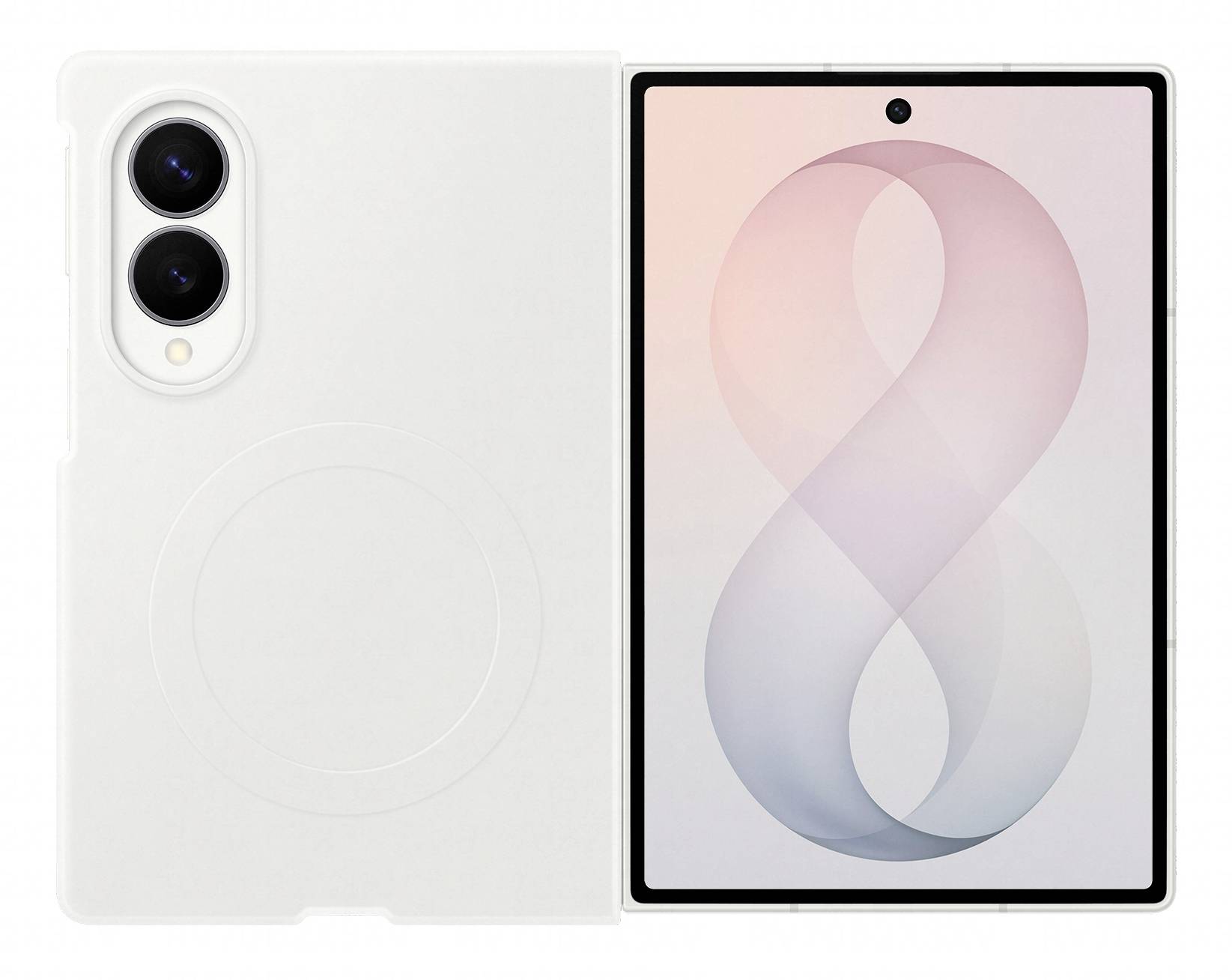 Smartphone blanc présenté de face et de dos, avec des appareils photo arrière doubles et un fond d'écran abstrait pastel affiché sur l'écran.