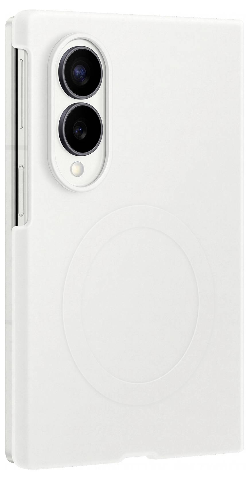 Étui de smartphone blanc avec un anneau de style MagSafe circulaire et deux découpes de caméra arrière, présenté sur un fond blanc.