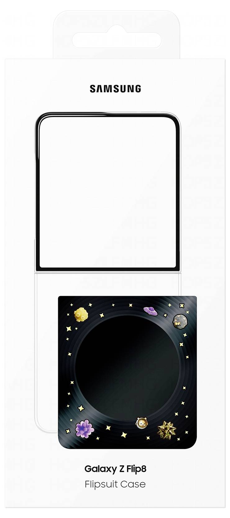 Étui flipsuit Samsung Galaxy Z Flip8 avec emballage, motif graphique de carte étoilée noire et découpe circulaire centrale vide.