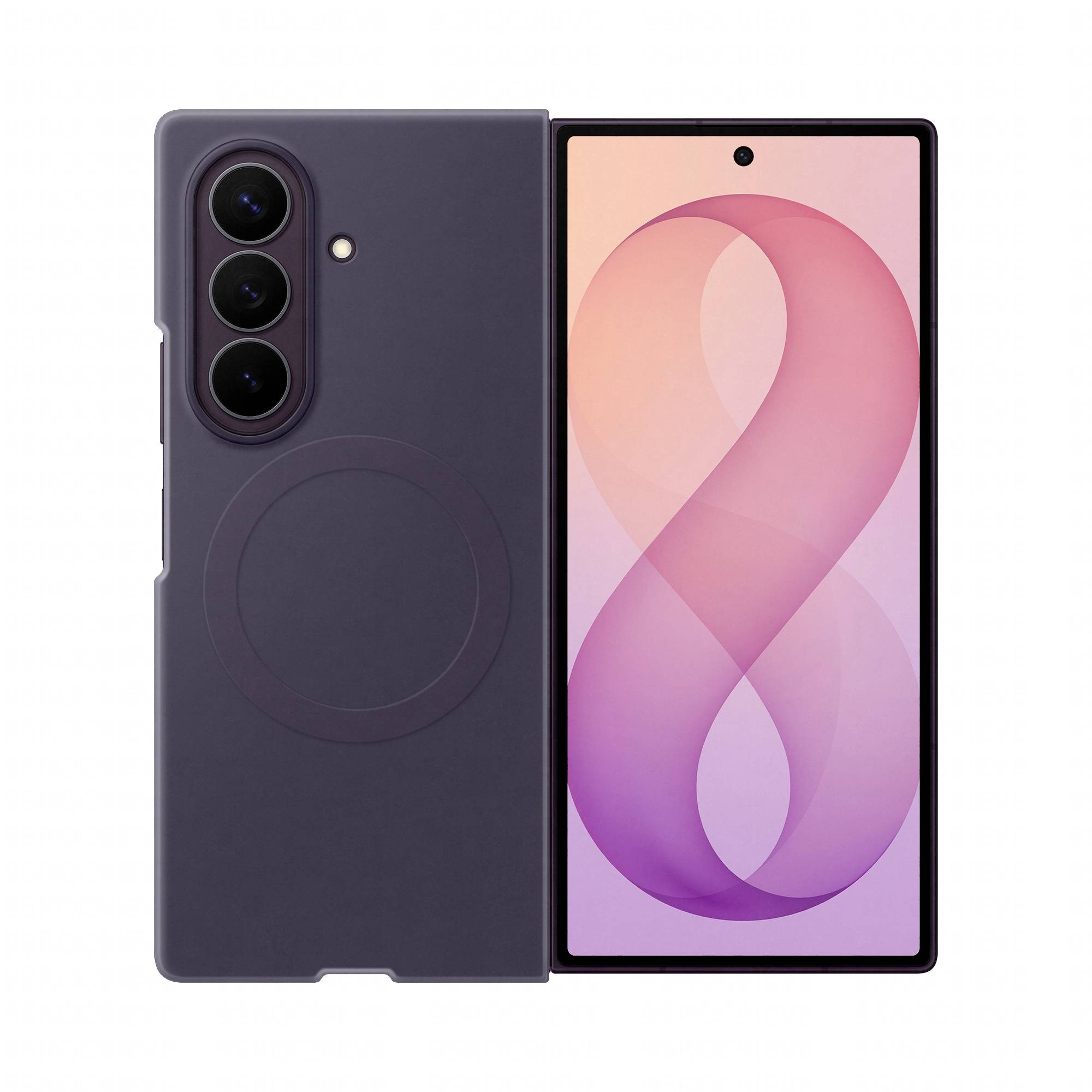 Smartphone pliable montré de face et de dos, avec un boîtier violet foncé présentant un anneau circulaire de style MagSafe et trois caméras arrière ; l'écran affiche un fond d'écran abstrait rose-violet.