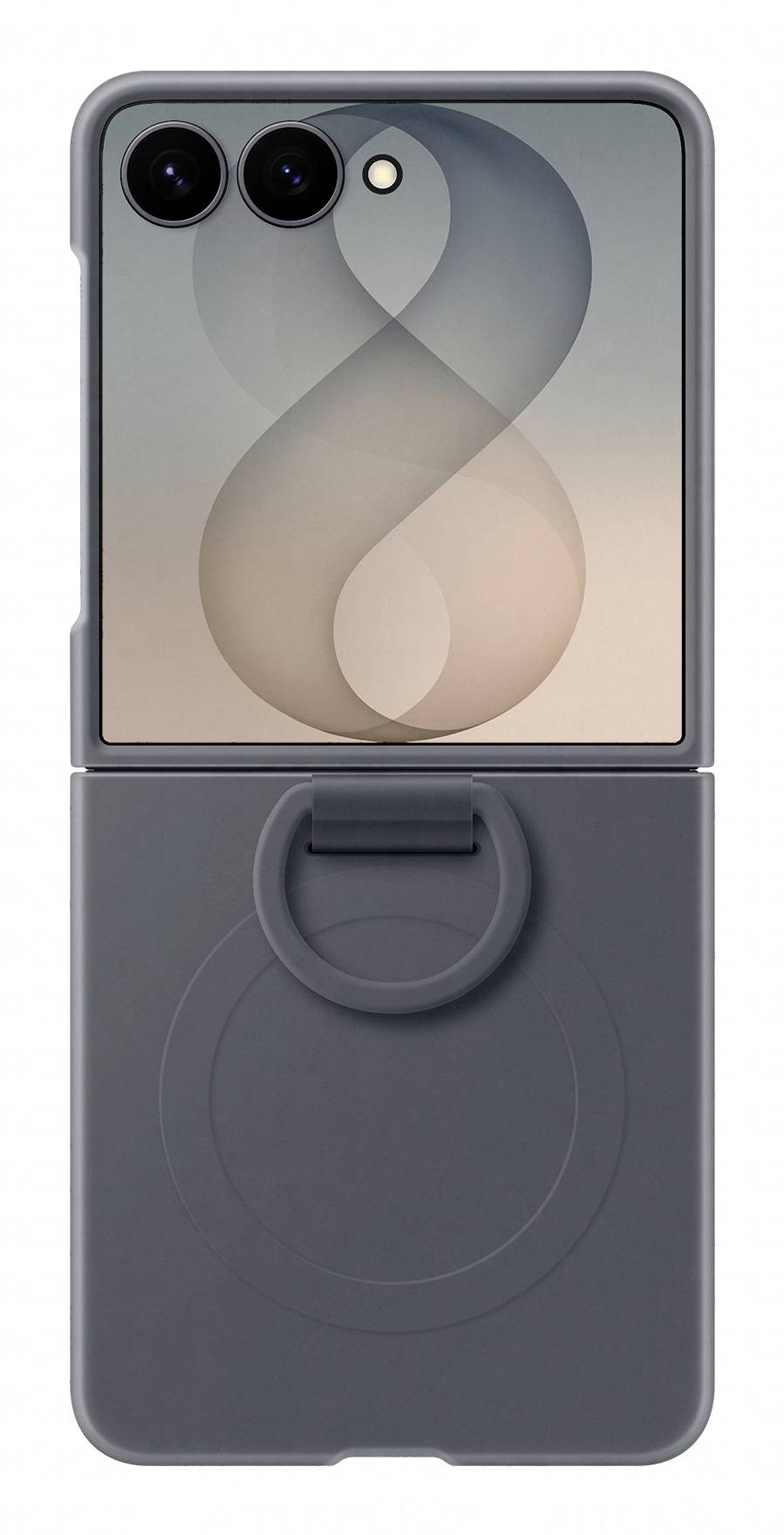 Smartphone pliable ouvert en gris foncé avec doubles caméras arrière et un accessoire anneau circulaire à l'arrière.