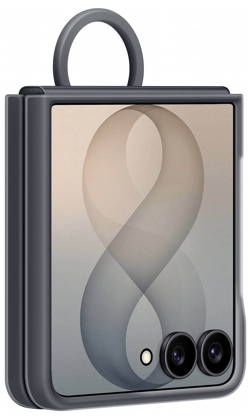 Smartphone pliable noir présenté fermé, avec un grand écran arrière et deux caméras circulaires à l'arrière, ainsi qu'une boucle de maintien en haut.
