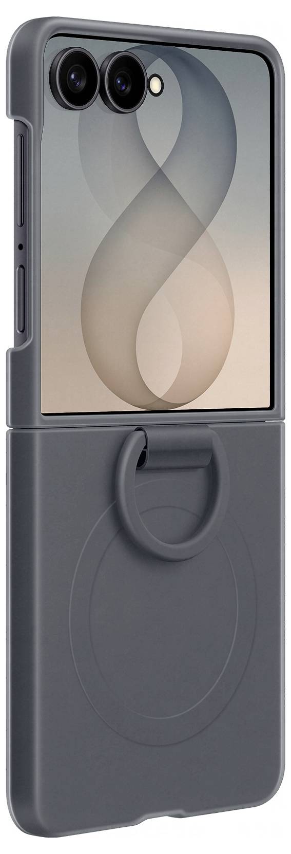 Étui pour smartphone gris avec un anneau circulaire de style MagSafe et une découpe de double caméra surélevée, présenté dans une image de produit en vue de face.