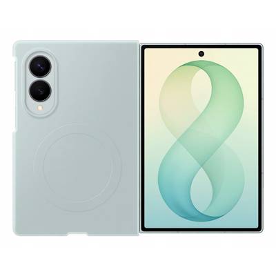 Smartphone pliable bleu clair présenté ouvert, avec des caméras arrière doubles sur la moitié gauche et un grand écran intérieur affichant un graphique en forme d'infini vert-bleu.