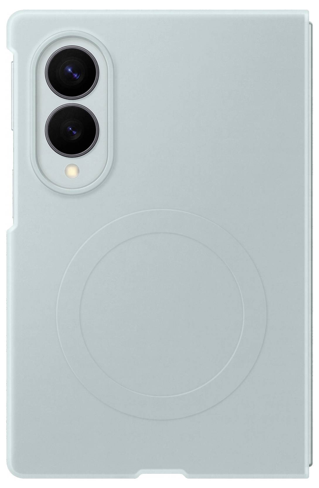 Étui de téléphone ou tablette vert menthe clair avec deux caméras arrière et un anneau de style MagSafe circulaire à l'arrière