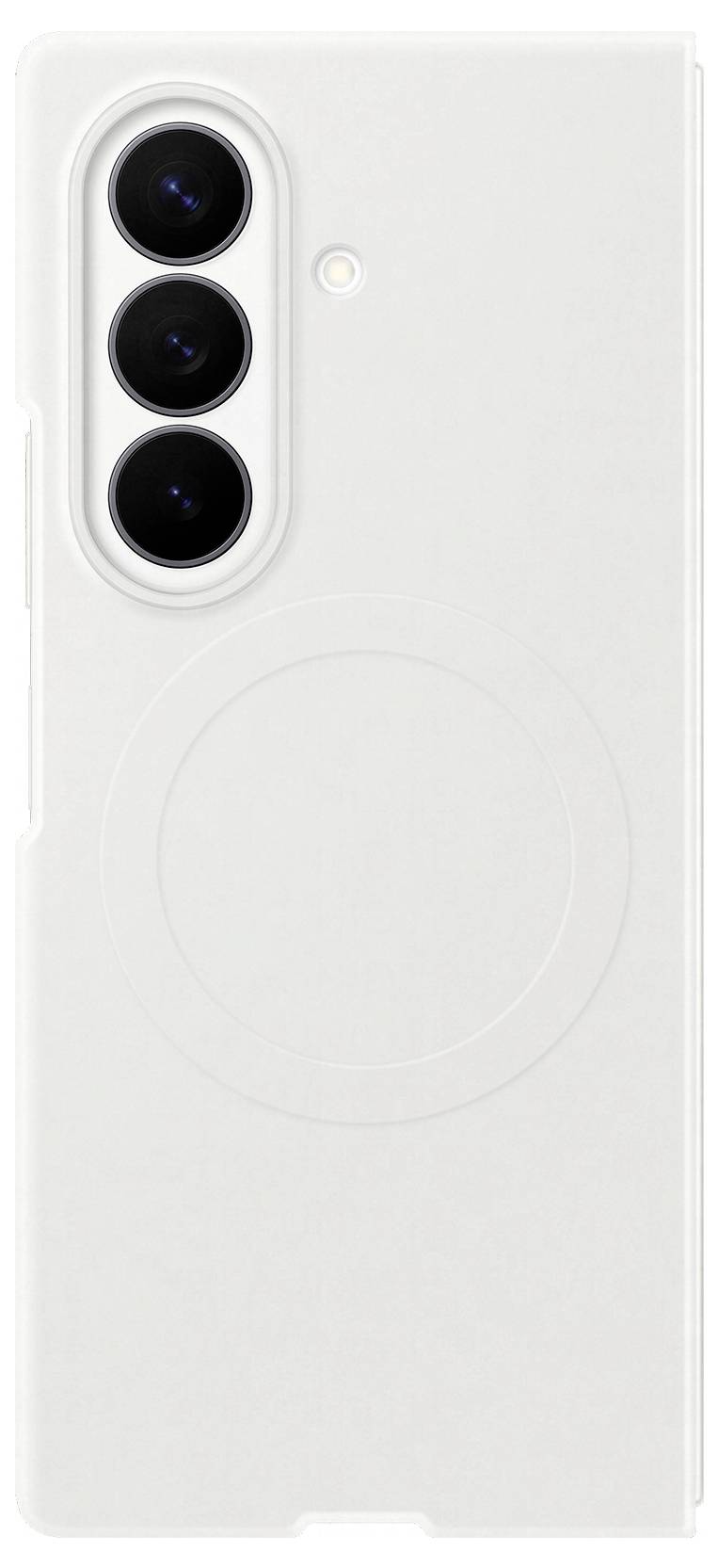 Étui de smartphone blanc avec découpe triple caméra arrière et design annulaire circulaire centré de style MagSafe au dos.