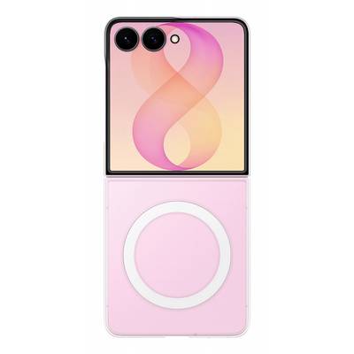 Vue de face et de dos d'un smartphone pliable rose avec des caméras arrière doubles et un grand anneau circulaire au dos.