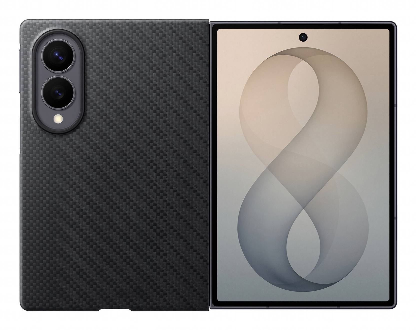 Vue de face et de dos d'un smartphone noir avec des caméras arrière doubles et un fond d'écran en forme d'infini sur l'écran.
