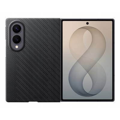 Vue de face et de dos d'un smartphone noir avec des caméras arrière doubles et un fond d'écran en forme d'infini sur l'écran.