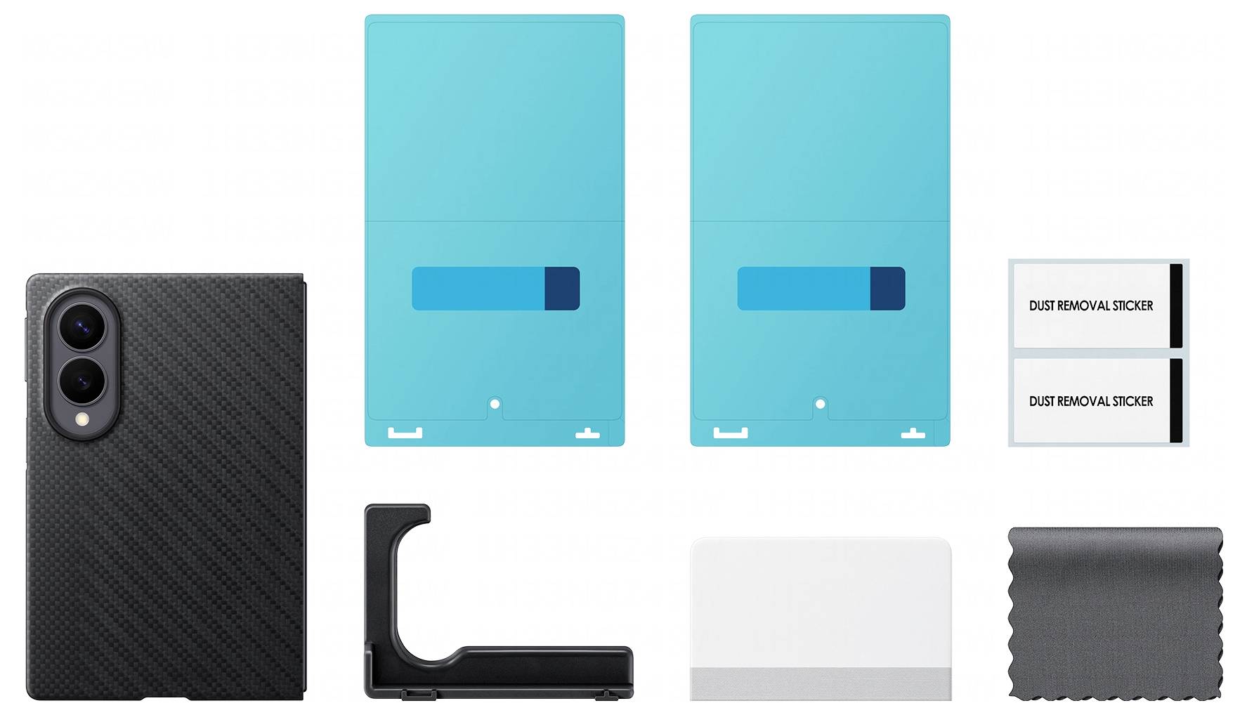 Kit d'accessoires pour étui de téléphone avec un étui texturé noir, deux protecteurs d'écran turquoise, des autocollants anti-poussière, un cadre d'installation, une lingette et un chiffon de nettoyage.