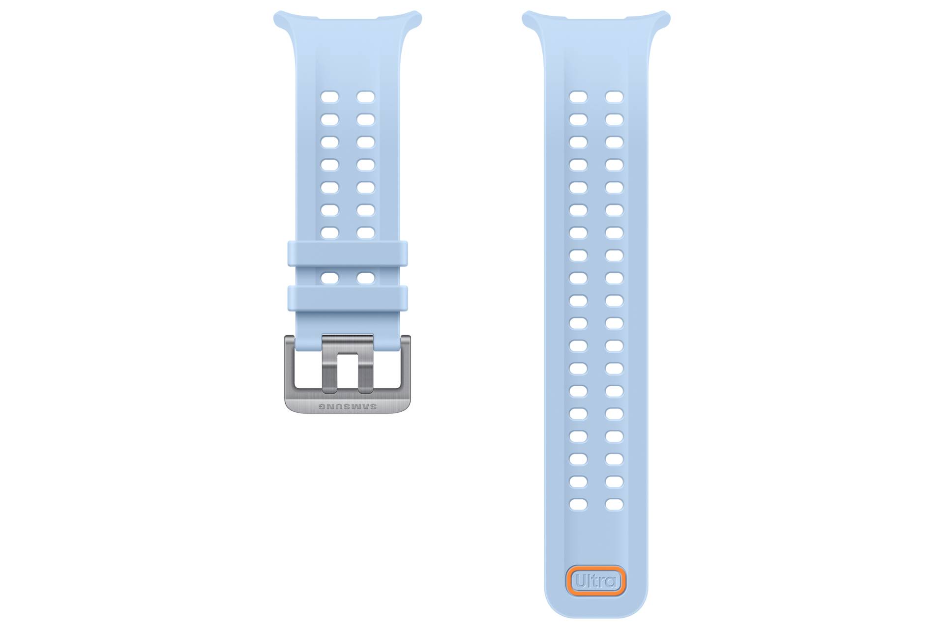 Bracelet de montre en silicone bleu clair présenté de face et de dos, avec fermoir argenté et étiquette orange « Ultra » en bas.