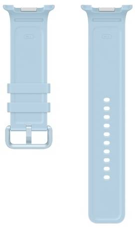 Bracelet de montre en silicone bleu clair montré de face et de dos, avec des trous ajustables et une boucle métallique.