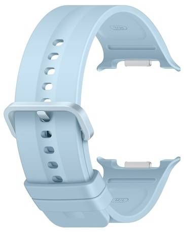 Bracelet de montre intelligente bleu clair ajustable avec sangle perforée et fermoir, présenté isolé sur fond blanc.