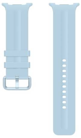 Bracelet de montre bleu clair montré de face et de dos, avec une boucle métallique d'un côté et des trous d'ajustement de l'autre.