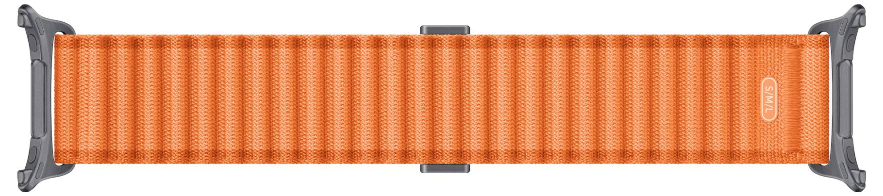 Sangle tissée orange avec des boucles de fermeture en plastique noir et une agrafe centrale, présentée horizontalement sur un fond blanc.