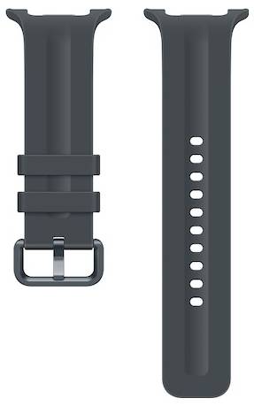 Bracelet de montre en silicone noir avec boucle métallique, présenté de face et de dos, comportant plusieurs trous de réglage de taille et une extrémité d'attache de style à dégagement rapide.