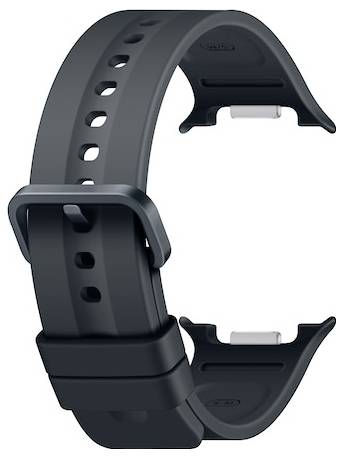 Bracelet de montre intelligente en silicone noir avec fermoir métallique, présenté isolé sur fond blanc.