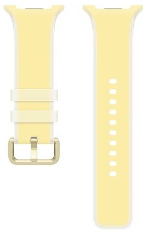 Deux vues d'un bracelet de montre jaune avec une boucle dorée et des trous d'ajustement, présentés de face et de dos.