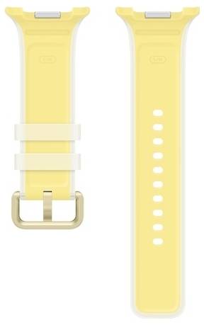 Bracelet de montre en silicone jaune présenté de face et de dos, avec boucle métallique et trous d'ajustement.